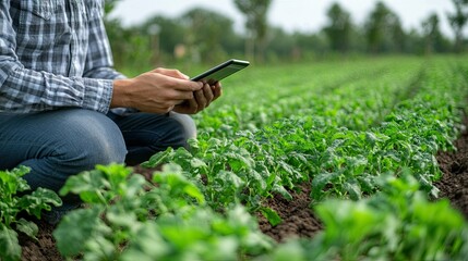 Farmer using a tablet to monitor soil moisture and crop conditions in a technologically advanced farm.