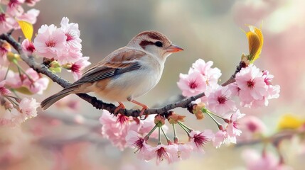 Fototapeta premium A serene bird perched on a blossoming cherry tree branch, surrounded by delicate pink flowers in soft sunlight.