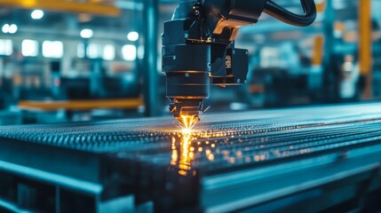 Robotic Laser Cutting in a High-Tech Factory, showcasing an advanced automated system precision-cutting metal sheets, highlighting innovation and industrial efficiency.