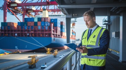 Cargo Shipping and Logistics Manager Inspecting Container Ship. A confident shipping and logistics manager in a safety vest inspects a cargo container ship at a busy port. 
