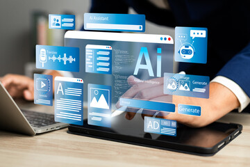 Ai, Artificial intelligence, Man uses laptop  to access artificial intelligence tools for content...