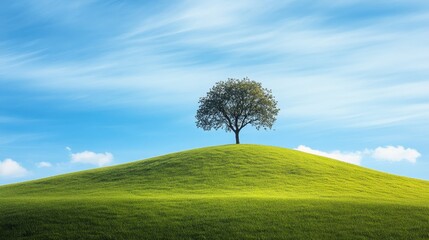 Obraz premium A solitary tree on a lush green hill under a bright blue sky, perfect for nature and landscape imagery.