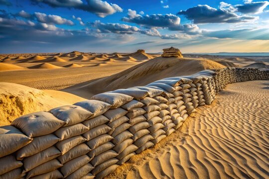 Rugged earth-toned sandbags fortify a stark desert landscape, winding berms stretch across dunes, evoking a sense of isolation and military presence in Western Sahara's arid terrain.