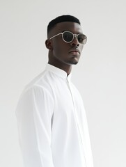 Obraz premium Stylish young man in modern fashion wearing sunglasses and a white shirt, showcasing confidence and contemporary style.