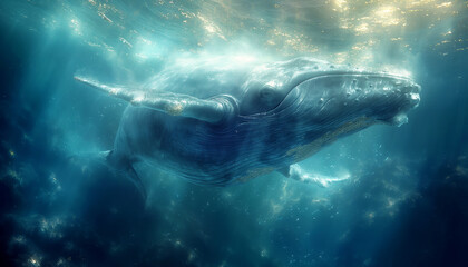 Fototapeta premium Underwater Elegance: A humpback whale’s journey through the deep blue ocean, illuminated by sunbeams, creating a serene and captivating scene. Beauty in Nature concept.