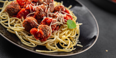 spaghetti meatballs in tomato sauce meat fresh meal food snack on the table copy space foodbackground rustic top view