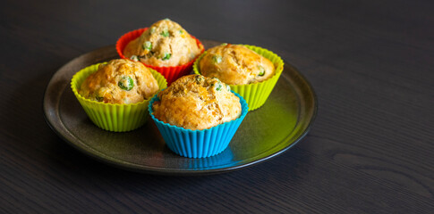  Savory Muffin with Pea, Ham, and Cheese Close-Up on Dark Background