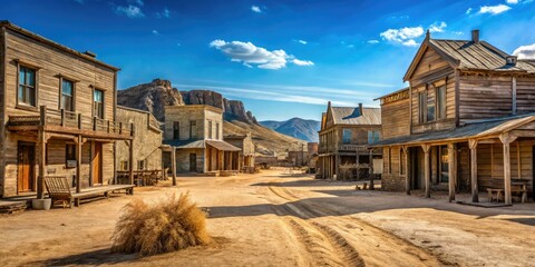 Rustic wooden buildings, tumbleweeds, and dusty streets evoke the classic American frontier in this abandoned western movie set beneath a vast, cloudless blue sky.