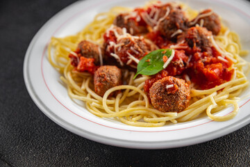 spaghetti meatballs in tomato sauce meat fresh meal food snack on the table copy space foodbackground rustic top view