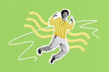 Composite trend artwork sketch image photo collage of silhouette young guy carefree dance fly style headphones listen music rock gesture
