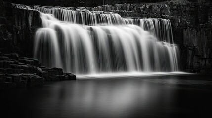 Long exposure shot of a waterfall with silky smooth water flowing over a series of cascading tiers.
