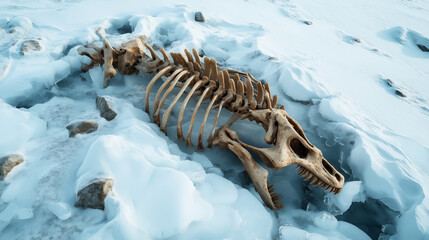 Naklejka premium Fossilized dinosaur skeleton partially covered in ice and snow, lying on a frozen, rocky terrain.