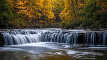 Long exposure shot of a waterfall with silky smooth water flowing over a series of cascading tiers.