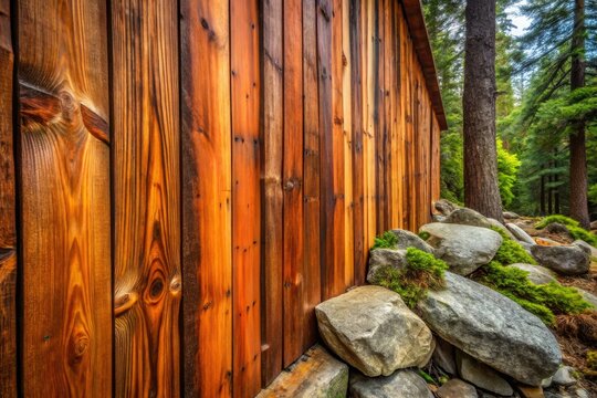Rustic wooden planks made from western red cedar, with natural imperfections and knots, leaning against a weathered stone wall in a serene forest setting.