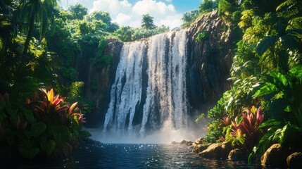 Naklejka premium Majestic waterfall cascading down a rugged cliff surrounded by lush greenery and vibrant foliage.