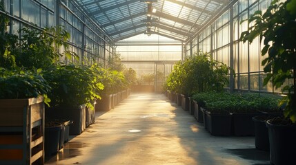 Modern greenhouse with automated irrigation systems and climate control for optimized crop growth.