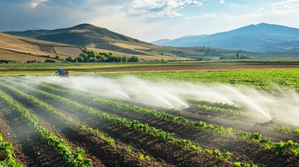 Modern irrigation system watering a large field of crops in a dry region.