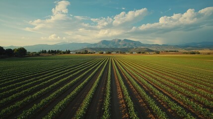 Modern irrigation system watering a large field of crops in a dry region.