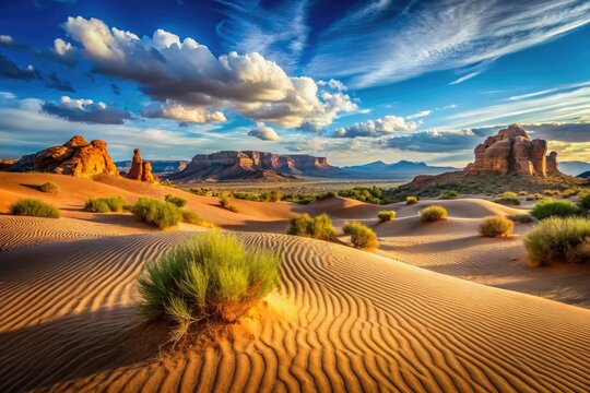 Sandy dunes of Utha desert landscape stretch towards horizon under vibrant blue sky with scattered rock formations and minimal vegetation in warm sunlight.