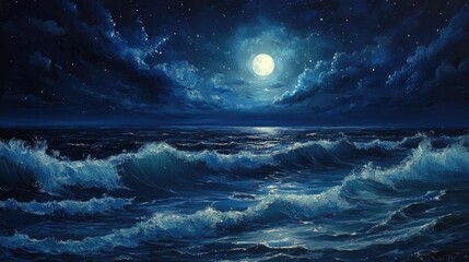 Naklejka premium Ocean waves illuminated by moonlight, creating a peaceful and serene nighttime scene.