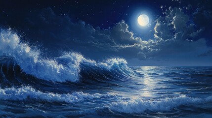 Ocean waves illuminated by moonlight, creating a peaceful and serene nighttime scene.