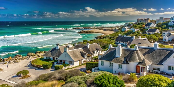 Scenic coastal village surrounded by towering sand dunes and turquoise ocean, with traditional thatched roof cottages and historic stone buildings, Arniston, Western Cape.
