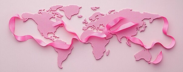 Obraz premium A visually engaging and minimalist representation of world map with pink ribbon, symbolizing awareness and support. soft pink background enhances overall aesthetic