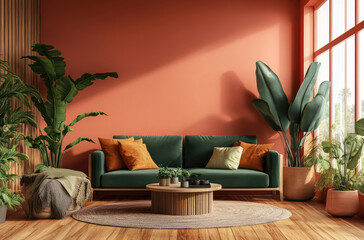 A stylish living room with an orange wall, a teal sofa, and plants in vases on the floor.