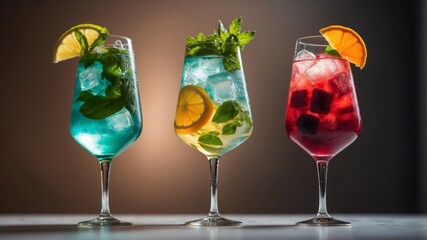 Colorful cocktails garnished with fruits and herbs