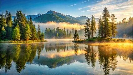 Obraz premium Serenene morning scene featuring a misty forest landscape with sunlit trees, foggy valleys, and a calm mountain range reflected in a dew-kissed lake's still waters.