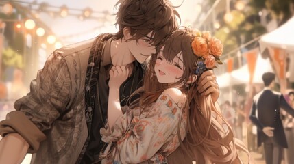 Obraz premium Anime Couple in Trendy Fashion Embracing and Sharing a Romantic Kiss on a Date