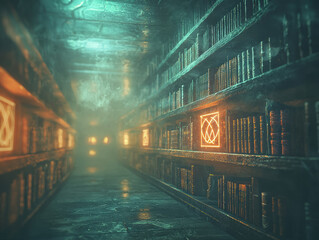 Fototapeta premium Ancient library with floating books and glowing runes creates mystical atmosphere. dimly lit shelves lined with books evoke sense of wonder and curiosity