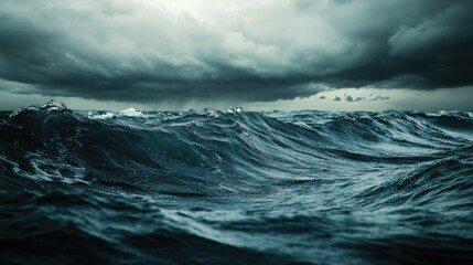 Fototapeta premium Rolling ocean waves on a stormy day, with dark, ominous clouds in the distance