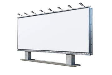Billboard facing forward, detailed with instructions for outdoor advertising, stands singular and centered against a pure white background, casting a soft shadow beneath it to imply dimension