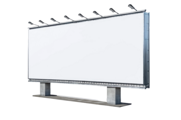 Billboard facing forward, detailed with instructions for outdoor advertising, stands singular and centered against a pure white background, casting a soft shadow beneath it to imply dimension