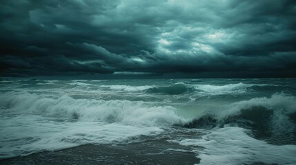 Rolling ocean waves on a stormy day, with dark, ominous clouds in the distance