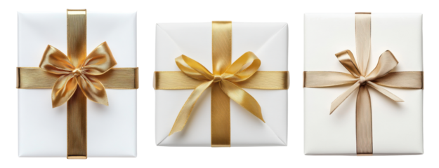 PNG Elegant white gift boxes with golden ribbons