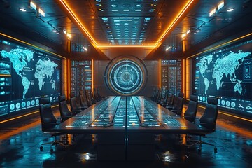 A business team brainstorming in a room with interactive screens on every surface