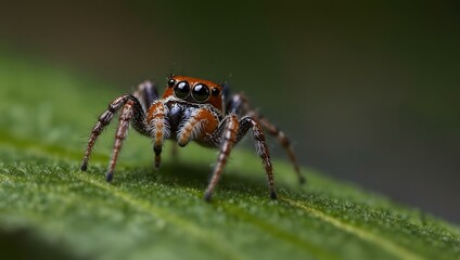 Colorful jumping spider on a green leaf.
