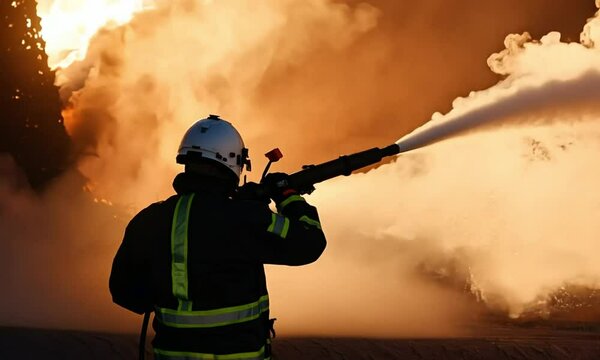 Firefighter aiming hose with water in training exercise