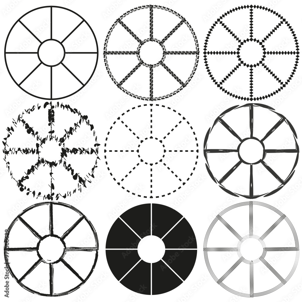 Poster abstract circular icon. geometric segmented pattern. thin and bold outlines. vector radial symbols.
