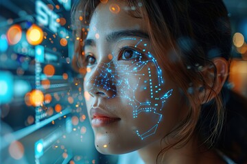 woman technology futuristic digital personal cyber future face scan business science