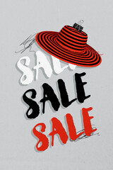 Vertical photo collage of striped hat fashion clothes showroom assortment black friday retail sale...
