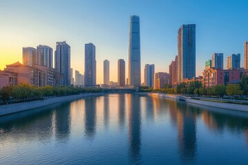 Naklejka premium An open view of the river and modern urban architecture skyline panorama in Tianjin China with generative ai