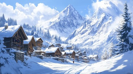 Snow-covered mountain village with traditional alpine houses, surrounded by towering snow-capped peaks.