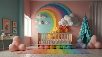 Colorful pastel clouds and rainbow in a baby room, 3D rendering.