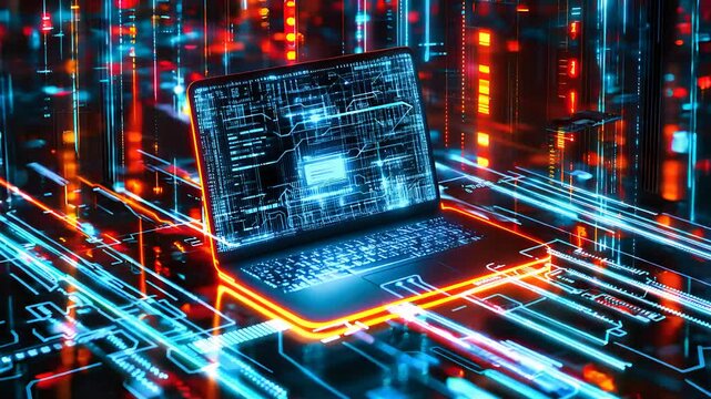 Advanced laptop with digital interface in cyber grid surrounded by glowing neon lights and futuristic data streams