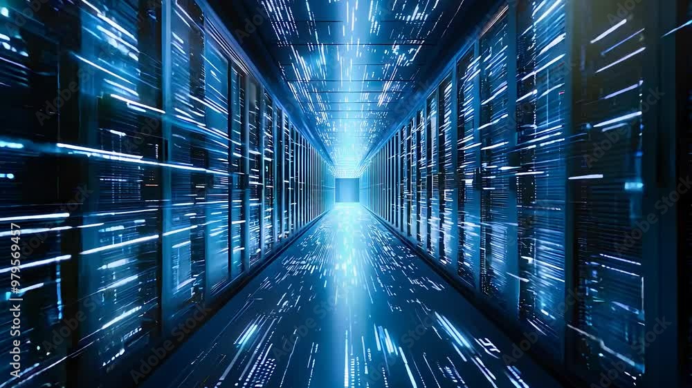 Poster high-speed data transmission in futuristic server room with glowing pathways and digital technology