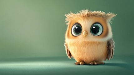 Fototapeta premium A baby owl cartoon character with fluffy feathers, sitting on a pastel green background.