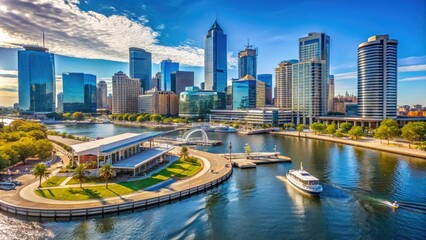 Naklejka premium Sunny day at Elizabeth Quay with modern cityscape, Swan River, and Ferry Terminal building in the foreground, Perth, Western Australia, Australia.